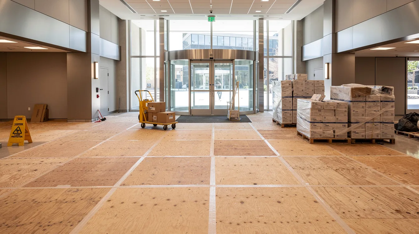 The image shows a lobby floor covered with protective plywood as part of renovation work, ensuring workplace safety during material delivery. This temporary covering helps maintain structural integrity and reduces excessive noise caused by the ongoing construction activities.