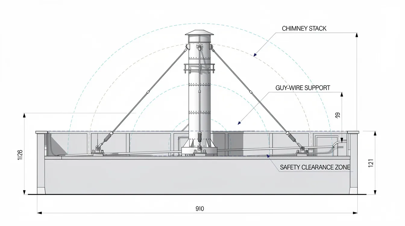The image depicts an elevation view of an industrial rooftop featuring a prominent chimney stack supported by guy wires, with clearly marked safety clearance zones. This setup is essential for managing hazardous substances and ensuring compliance with fire safety regulations and environmental protection standards.