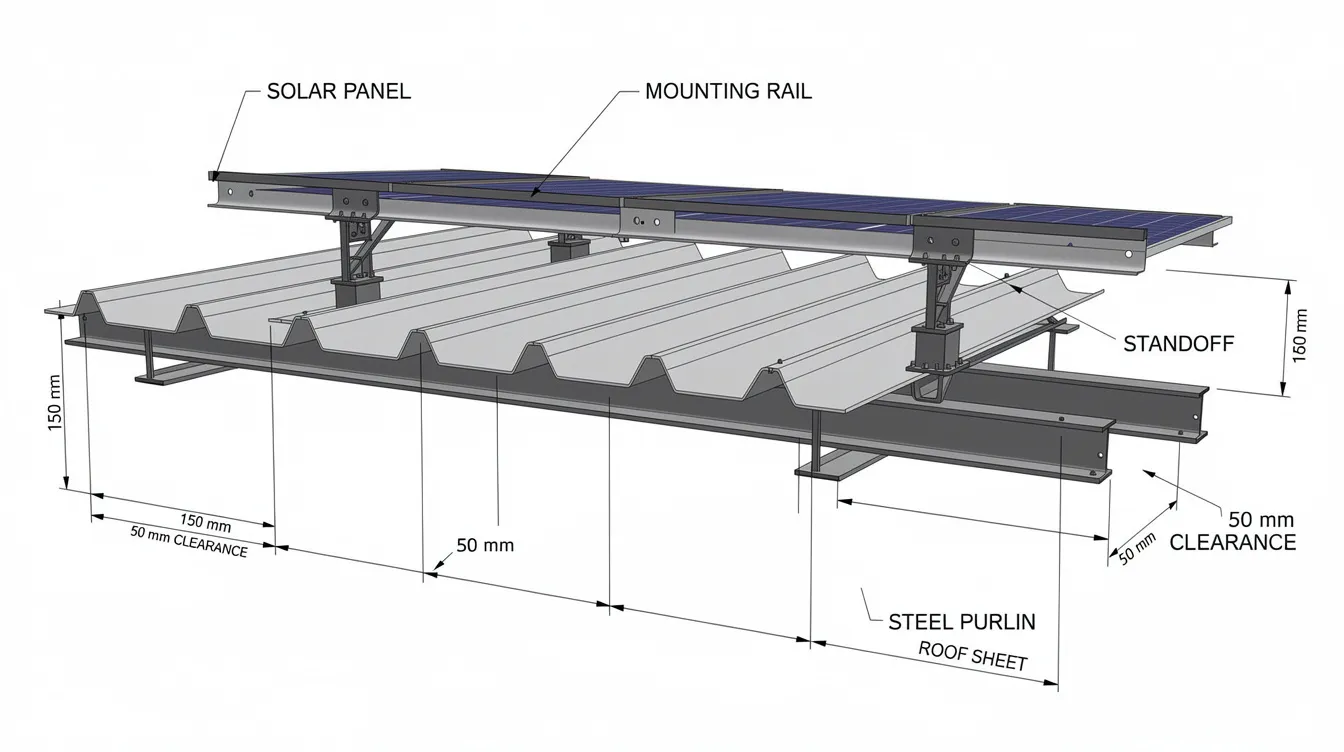 The image is a cross-section diagram of an industrial roof, illustrating solar panel mounting rails securely attached to steel purlins, with detailed clearance dimensions provided. This diagram highlights the structural integrity necessary for solar panel installation and emphasizes the importance of planning consent for effective solar deployment on industrial rooftops.