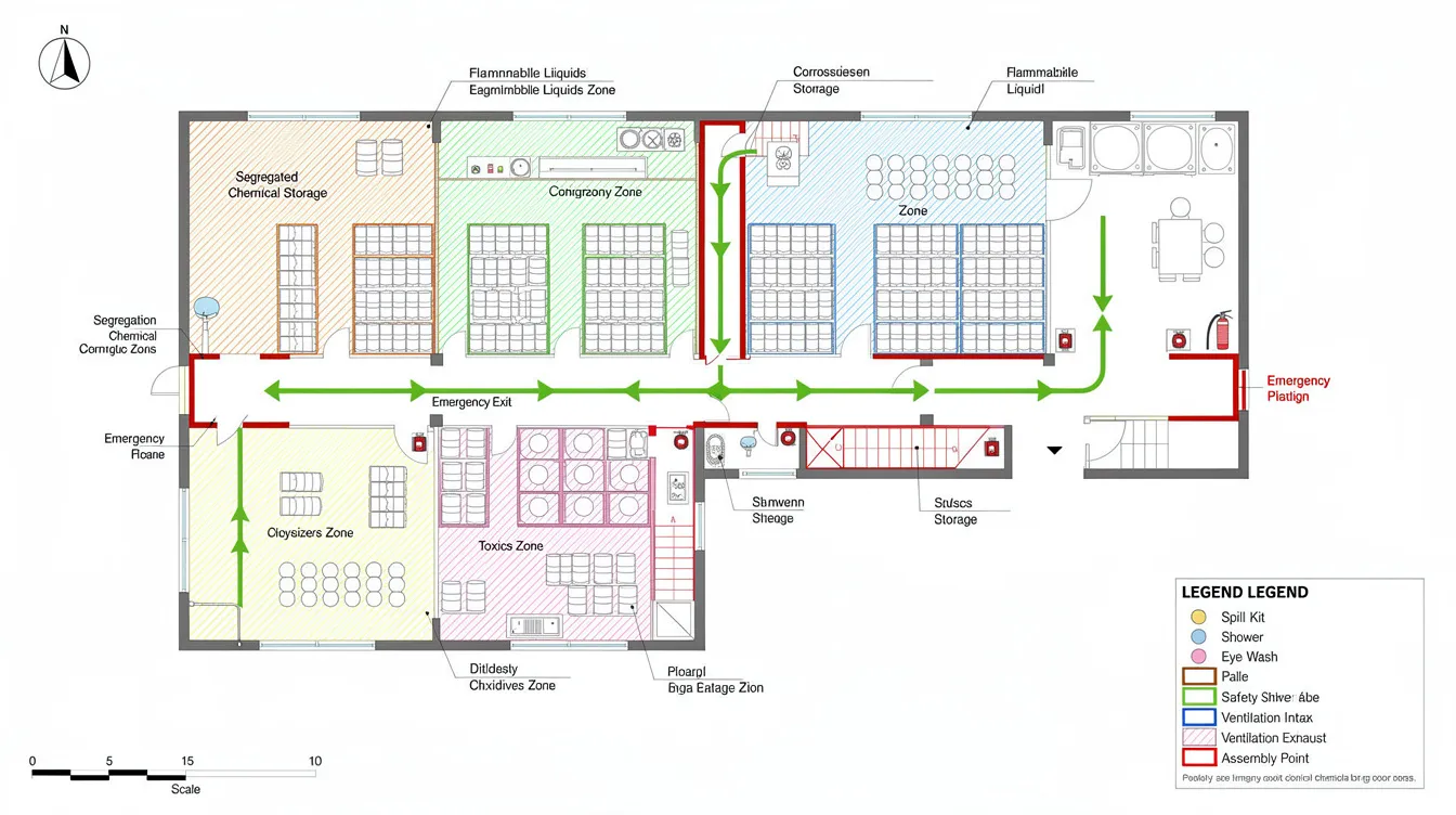 The image depicts a top-view layout of an industrial unit, highlighting the segregation zones for hazardous substances, designated egress routes, and the placement of equipment. This layout is essential for ensuring compliance with chemical regulations and safety requirements in the management of dangerous goods and hazardous materials.