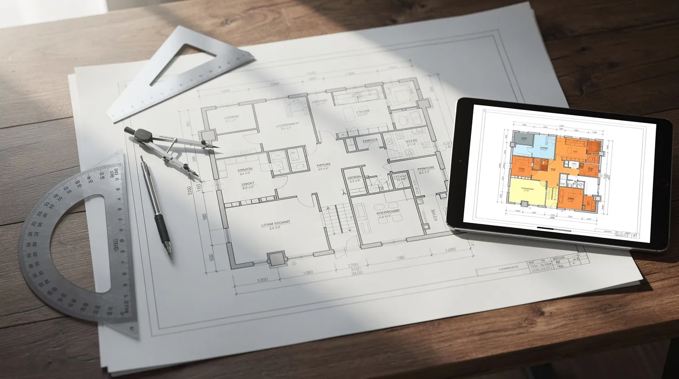 An architectural blueprint is spread out on a table, accompanied by measuring tools and a digital tablet displaying a detailed building floor plan. This setup suggests a focus on plan submission and necessary approvals from relevant authorities for construction projects.