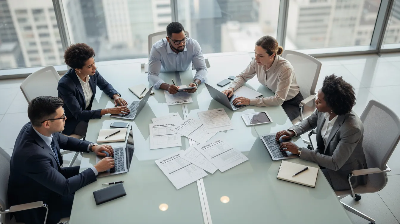 A project team, including a project manager and qualified professionals, is gathered around a conference table in a modern office, reviewing approval documents related to a complex project. They are discussing aspects such as project scope, jtc submissions, and the timeline for obtaining necessary consents, with the aim of avoiding delays in the formal submission process.