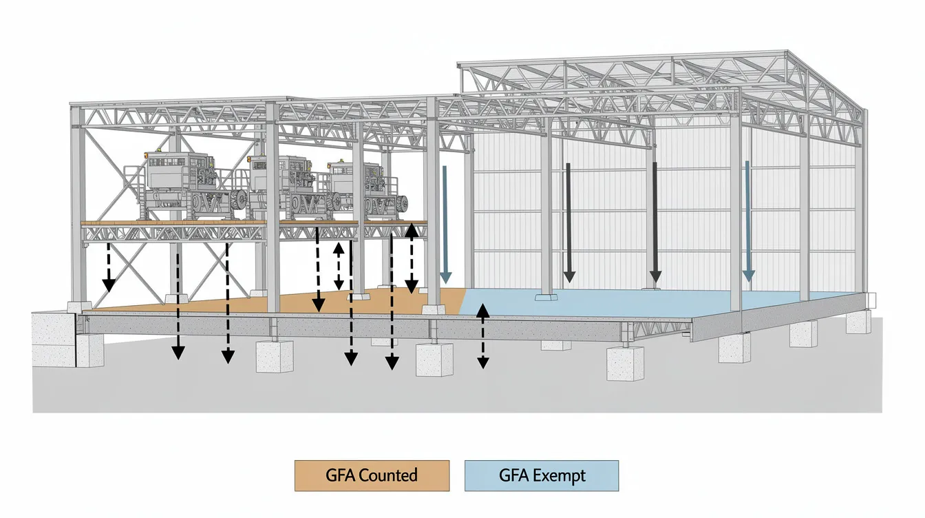 The image depicts a cross-section of an industrial hall featuring a steel mezzanine structure that supports heavy machinery above a ground floor slab. Arrows indicate the load path to the foundations, while color-shaded zones differentiate between gross floor area and exempt spaces, highlighting aspects of structural integrity and compliance with building regulations.