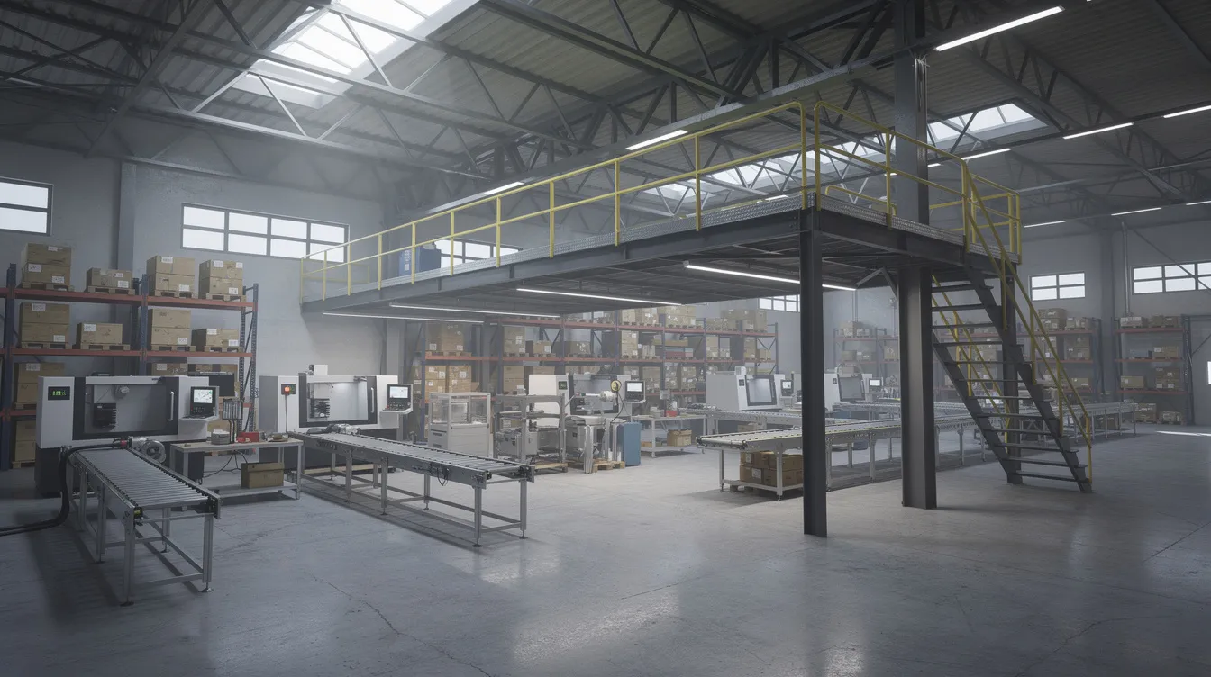 The image depicts the interior of an industrial warehouse featuring a steel mezzanine platform and various production equipment, highlighting the space's functionality for industrial projects. This environment may require plan consent from relevant authorities such as the Urban Redevelopment Authority and adherence to JTC submission requirements for any proposed works.