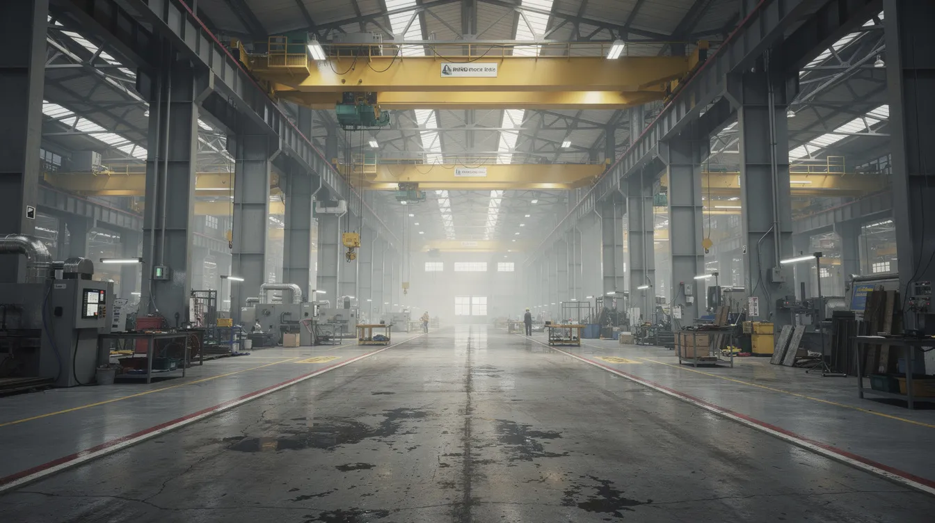 The image depicts the interior of a large industrial factory floor, featuring steel columns and overhead cranes that facilitate operations for various industrial purposes. This expansive industrial space is designed to accommodate multiple user factories, showcasing the versatility of industrial properties in Singapore's urban redevelopment.