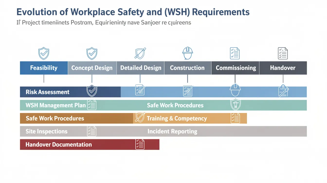 The image depicts a timeline graphic illustrating the key stages of a construction project, from feasibility to handover, highlighting when major workplace safety and health (WSH) requirements arise. It emphasizes the importance of conducting risk assessments, implementing safety measures, and ensuring worker safety through necessary safety training and compliance with construction safety regulations.