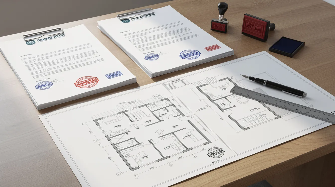 An office desk is cluttered with official letterhead documents, approval stamps, and architectural floor plans, reflecting the complexities of managing commercial leases and subletting arrangements. The scene suggests a focus on obtaining landlord's prior written consent and navigating the legal framework surrounding tenancy agreements.