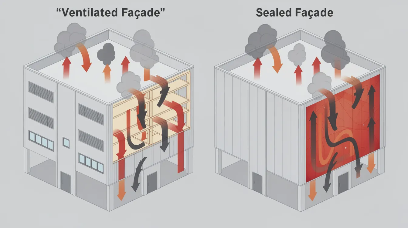 The image depicts a side-by-side comparison of an original ventilated industrial façade and an upgraded sealed façade, with arrows illustrating the altered smoke and heat flow patterns. This visual highlights the importance of fire safety compliance and effective fire safety measures in building design to enhance occupant safety and meet fire safety regulations.