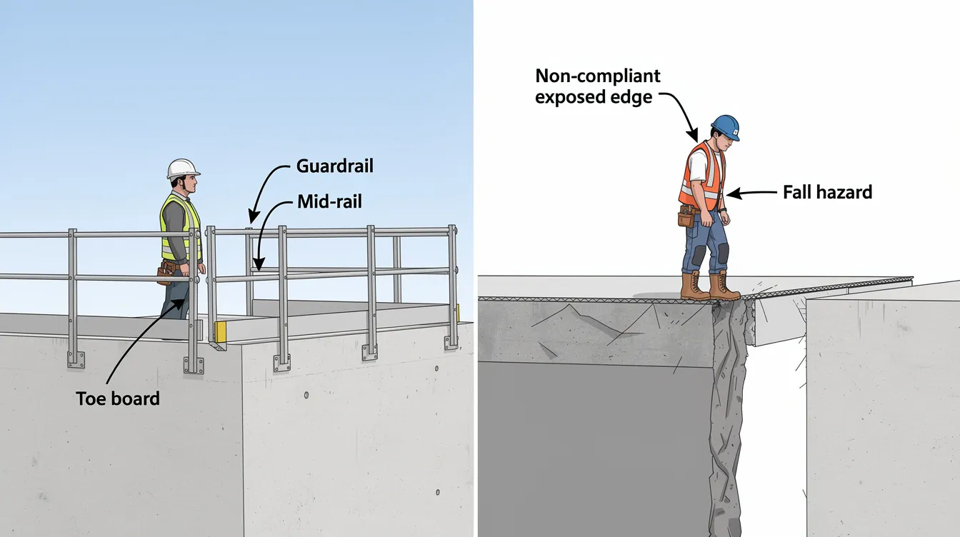 The image illustrates a side-by-side comparison of a compliant edge protection setup featuring guardrails, mid-rails, and toe boards, alongside a non-compliant exposed edge that poses significant workplace safety risks. This visual emphasizes the importance of implementing appropriate control measures and conducting risk assessments to ensure worker safety on construction sites.