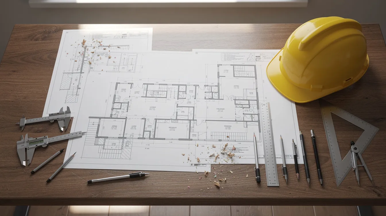 The image features architectural blueprint drawings laid out on a desk, accompanied by engineering tools and a safety helmet, symbolizing the meticulous planning required for building projects. This scene reflects the importance of qualified professionals, such as registered architects and engineers, in complying with building control regulations and submission requirements to the Urban Redevelopment Authority for project approvals.