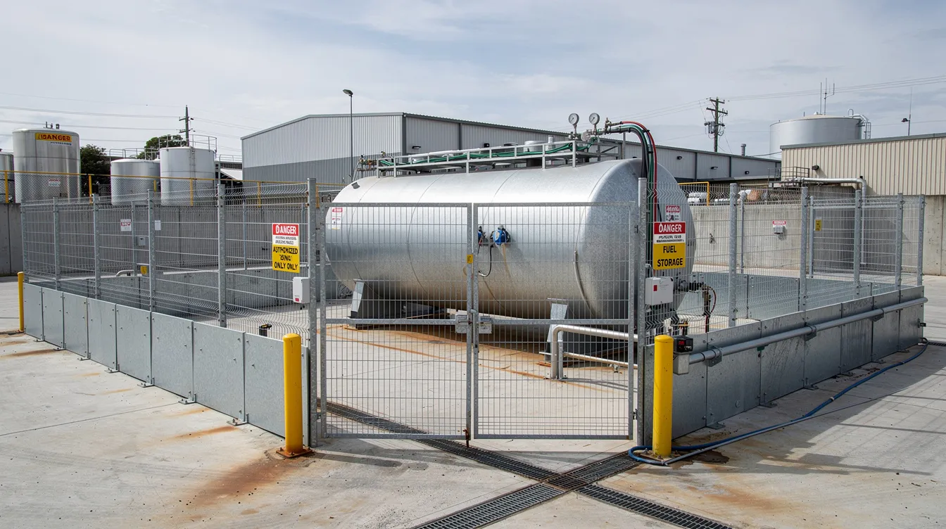 The image depicts an industrial facility yard featuring a large cylindrical fuel tank surrounded by steel bunding and safety fencing, ensuring the safe storage of hazardous substances. The area is designed for compliance with environmental protection regulations, emphasizing safety precautions and management of dangerous goods.