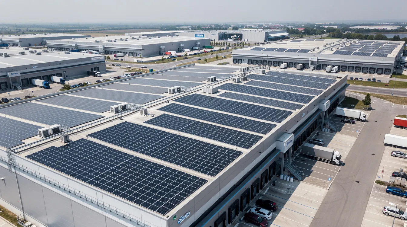 An aerial view showcases a large flat industrial rooftop adorned with rows of solar panels, surrounded by various warehouse buildings. This scene highlights the potential for solar panel installation on industrial rooftops, emphasizing the importance of renewable energy in urban redevelopment.