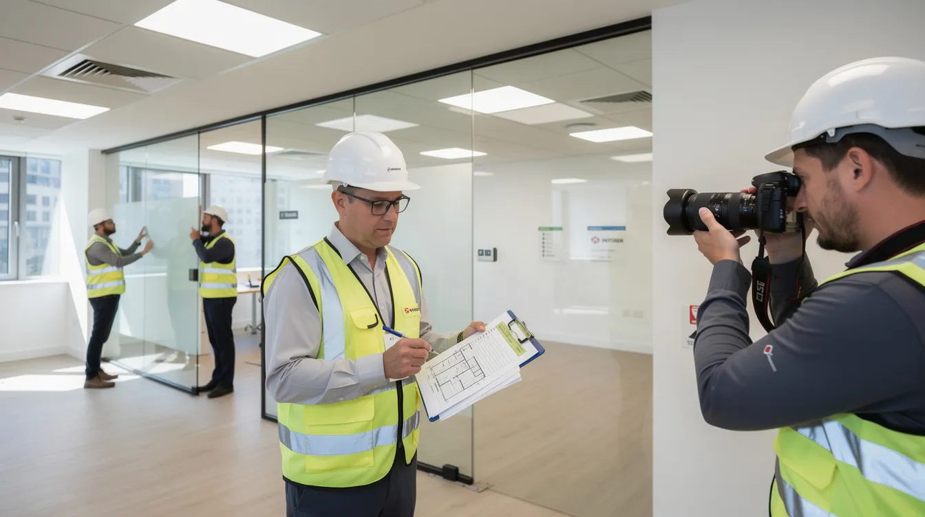 A construction team is performing an internal quality inspection of a completed office fit-out, using a clipboard and camera to verify compliance with approved plans and ensure structural integrity. This inspection is part of the process to obtain the necessary clearances and certificates from relevant agencies, including the building and construction authority.