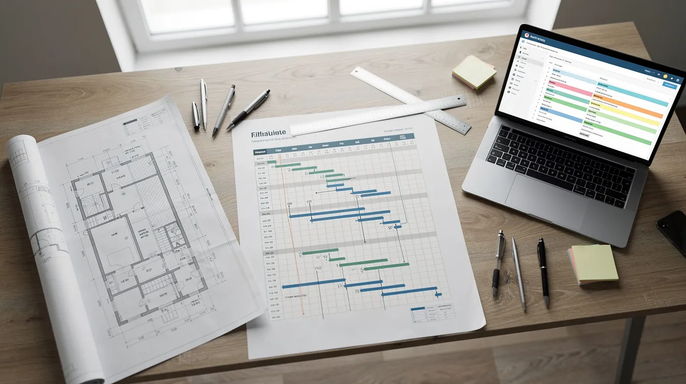 A Gantt chart is displayed on a desk alongside industrial building blueprints and a laptop, illustrating a project manager's detailed project timeline. The materials suggest a focus on complex projects requiring formal submissions for JTC approvals and careful planning of the project scope and building envelope.