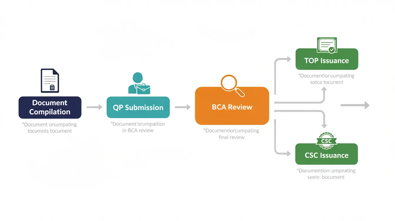 The flow diagram illustrates the process of document compilation from QP submission to BCA review, culminating in the issuance of a Temporary Occupation Permit (TOP) or Certificate of Statutory Completion (CSC). It highlights key stages such as plan approval, compliance verification, and necessary clearances from relevant agencies, ensuring structural integrity and adherence to building regulations.