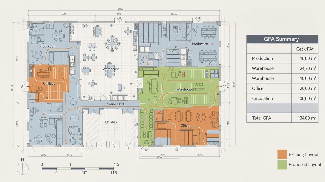 The image features an annotated industrial floor plan that displays both existing and proposed layouts, color-coded for clarity, along with a Gross Floor Area (GFA) table. It serves as a visual guide for JTC submissions, highlighting necessary approvals and compliance with JTC guidelines and relevant authorities.