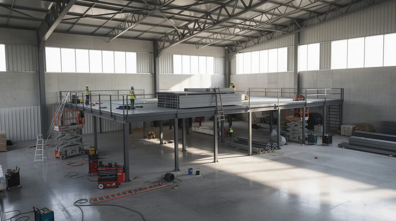 The image depicts the interior of an industrial warehouse under construction, featuring a high bay ceiling and a steel mezzanine platform. This space is designed for commercial use, reflecting the ongoing development that aligns with regulations set by the Singapore Land Authority and the Urban Redevelopment Authority.