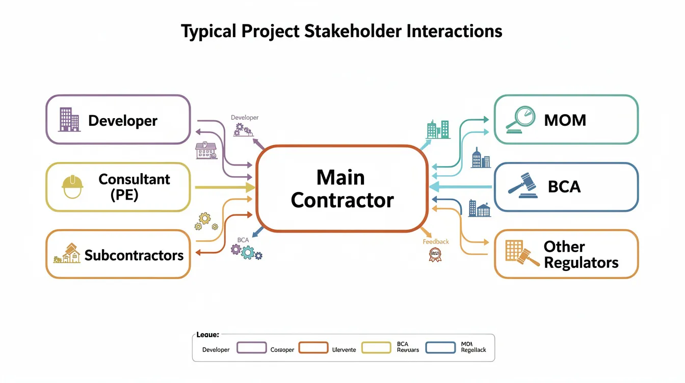 The diagram illustrates the interactions between various stakeholders in a construction project, including the developer, consultant professional engineer, main contractor, subcontractors, and regulatory bodies like MOM and BCA. It emphasizes the importance of workplace safety and health, highlighting roles in conducting risk assessments, implementing safety measures, and ensuring compliance with construction regulations.