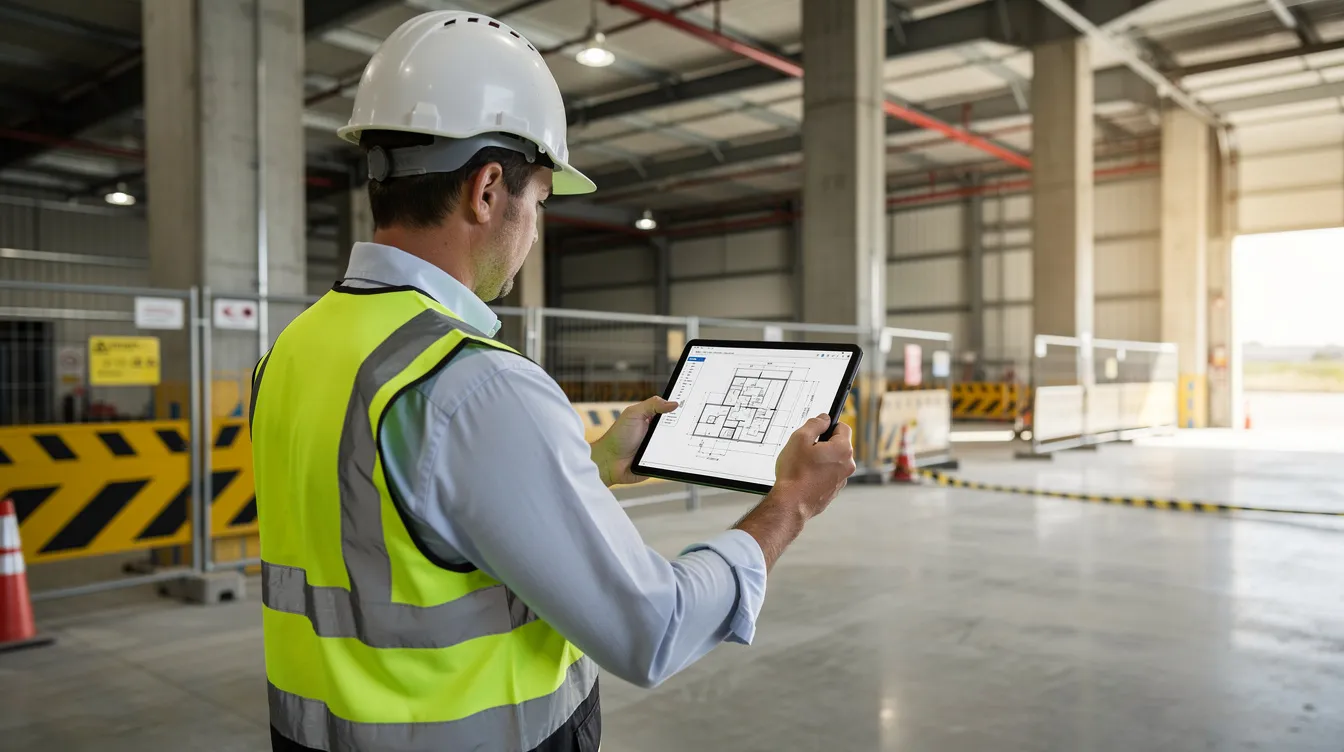 A project manager is intently reviewing architectural drawings on a digital tablet while standing inside a warehouse surrounded by construction safety barriers. The scene highlights the importance of managing commercial leases and obtaining landlord's prior written consent for any proposed subletting arrangements.