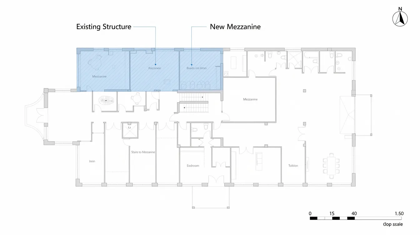 The image depicts an annotated floor plan illustrating a mezzanine addition overlaid on the base building layout, highlighting the reinstatement requirements for commercial tenants at lease expiry. This visual serves as a guide for understanding the necessary approvals and compliance needed for reinstatement projects, ensuring the premises meet the original condition by the lease end date.