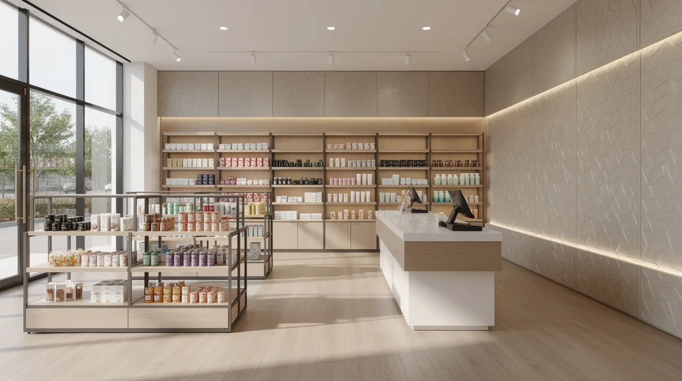 The image depicts a modern retail shop interior featuring sleek display shelving and stylish decorative wall panels, creating an inviting shopping atmosphere. The design reflects contemporary trends in urban redevelopment, emphasizing the importance of building plan submissions and compliance with the building control regulations.