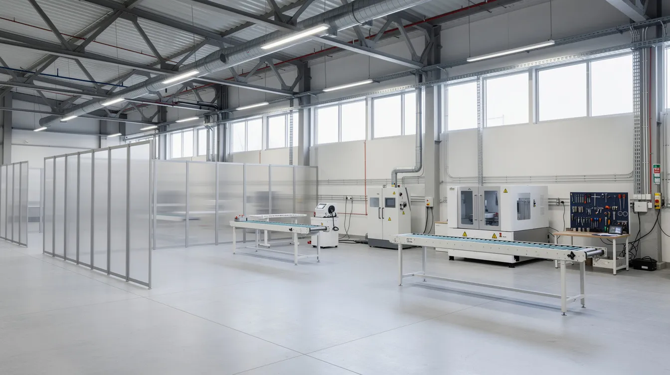 The image depicts the interior of an industrial factory unit featuring simple partitions and lightweight machinery, indicative of a space designed for efficient facility management. This setting may require adherence to building control acts and relevant authorities' approvals, reflecting the industrial land's compliance with urban redevelopment authority guidelines.
