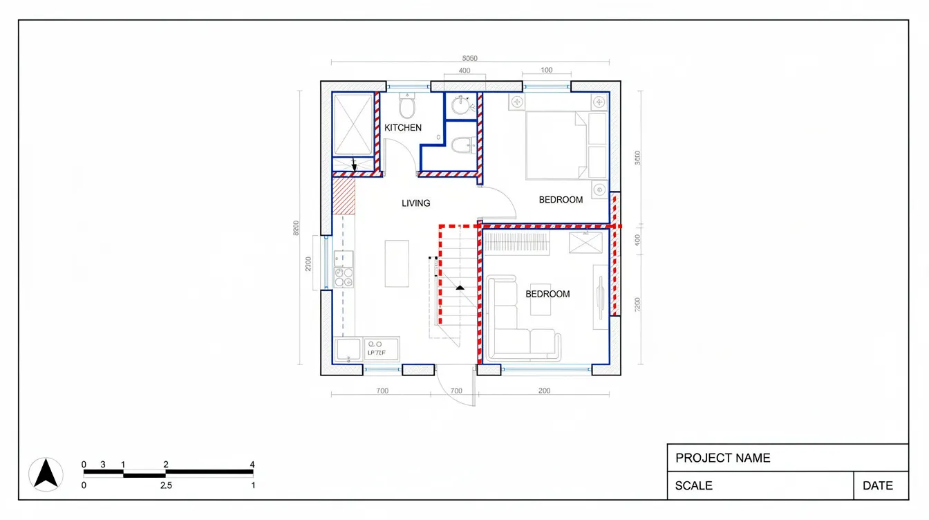 The image shows a sample plan sheet with clear markings: existing walls are highlighted in black, areas designated for demolition are marked in red, and proposed works are indicated in blue. This layout is essential for plan consent submissions to relevant authorities, including the Urban Redevelopment Authority and JTC Corporation, ensuring compliance with statutory requirements for industrial projects in Singapore.