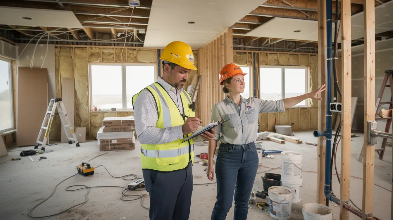 The image depicts a construction inspection scene featuring safety helmets and a clipboard placed on a surface near a partially completed interior renovation, highlighting the importance of compliance with landlord and tenant act regulations during the subletting process. This setting reflects the ongoing work and necessary approvals related to tenancy agreements and commercial leases.
