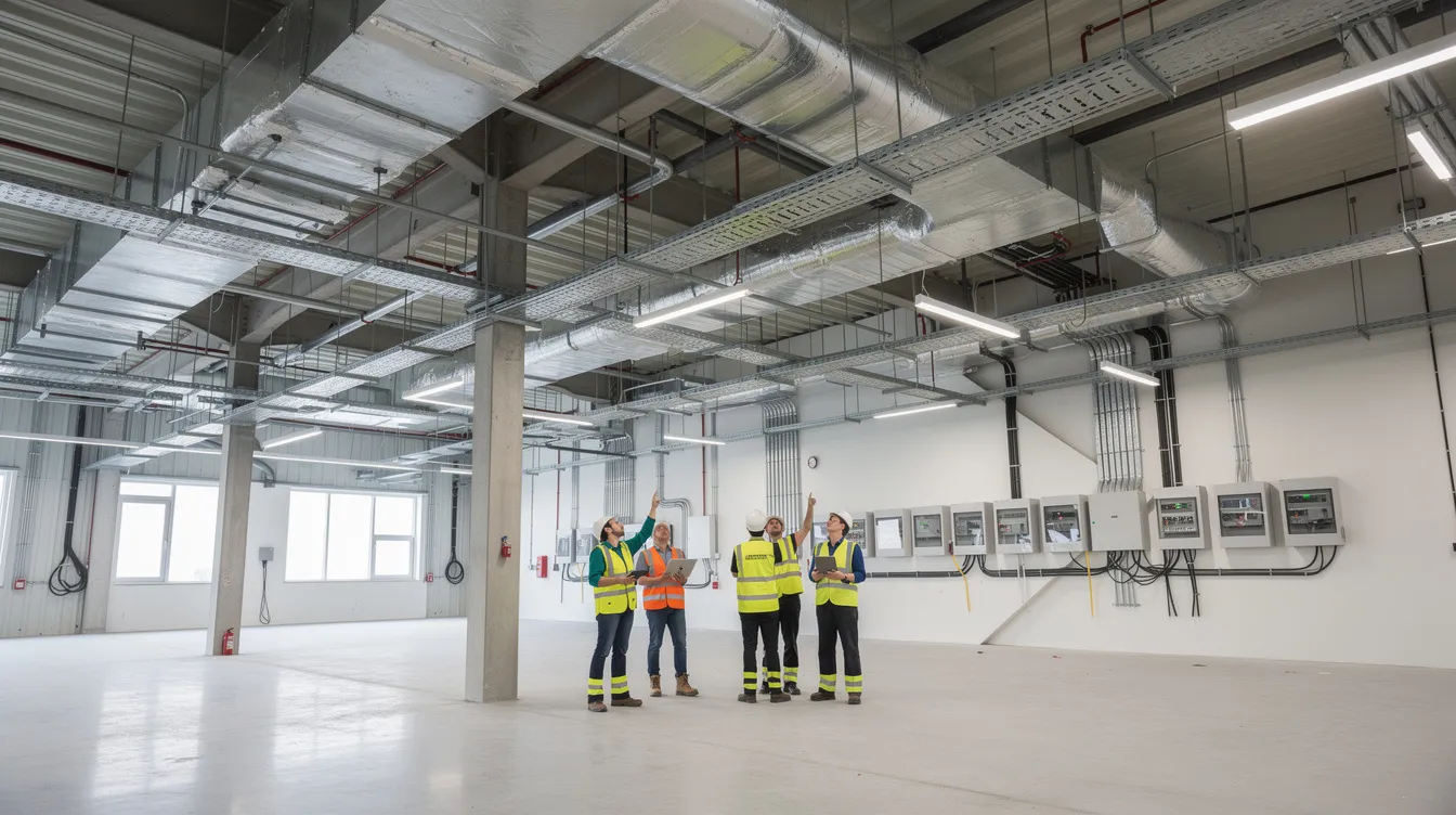 The image depicts the interior of an industrial building post-fit-out, showcasing visible mechanical and electrical (M&E) systems, with an ongoing inspection to verify compliance with statutory requirements. Inspectors are assessing the structural integrity and fire safety systems as part of the process to obtain necessary clearances and complete the final documentation for the certificate of statutory completion.