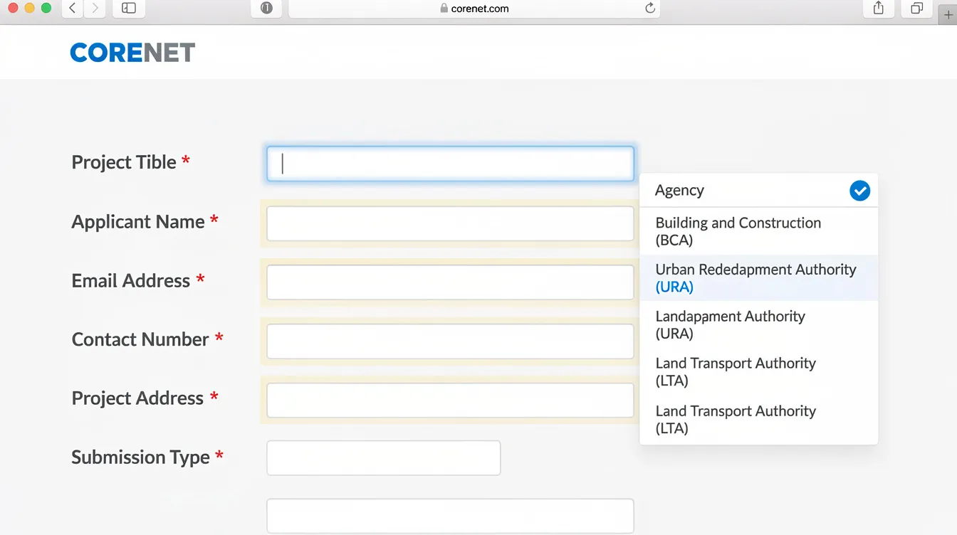 The image shows a screenshot of the CORENET submission form, featuring highlighted mandatory fields and a dropdown menu for agency selection. This form is essential for jtc submissions, ensuring compliance with jtc guidelines and relevant authorities for obtaining necessary approvals.