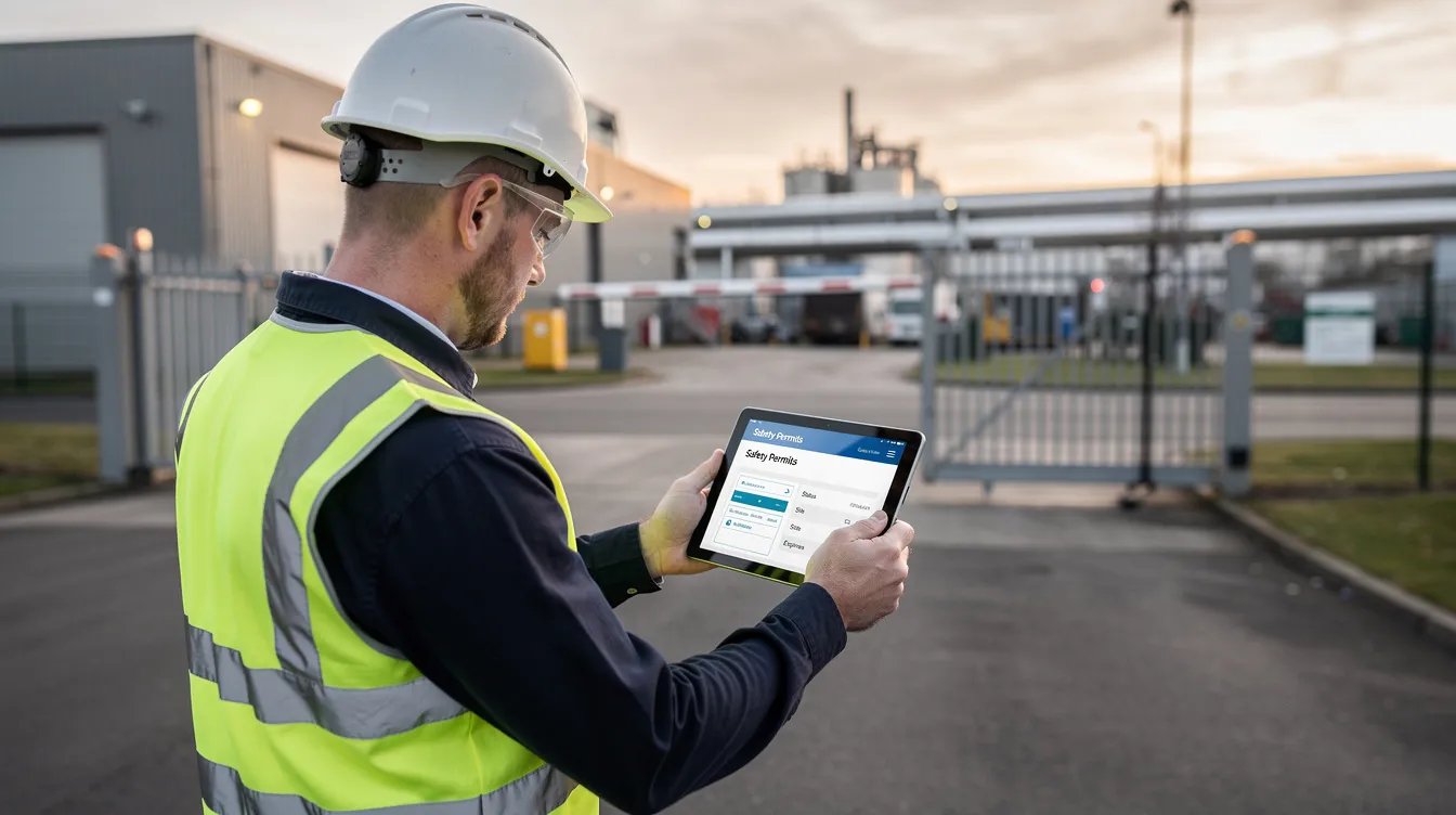 A contractor is seen at the entry point of an industrial estate, intently reviewing digital safety permits on a tablet. This crucial step in the jtc plan consent process ensures compliance with relevant authorities and promotes workplace safety for upcoming renovation works.