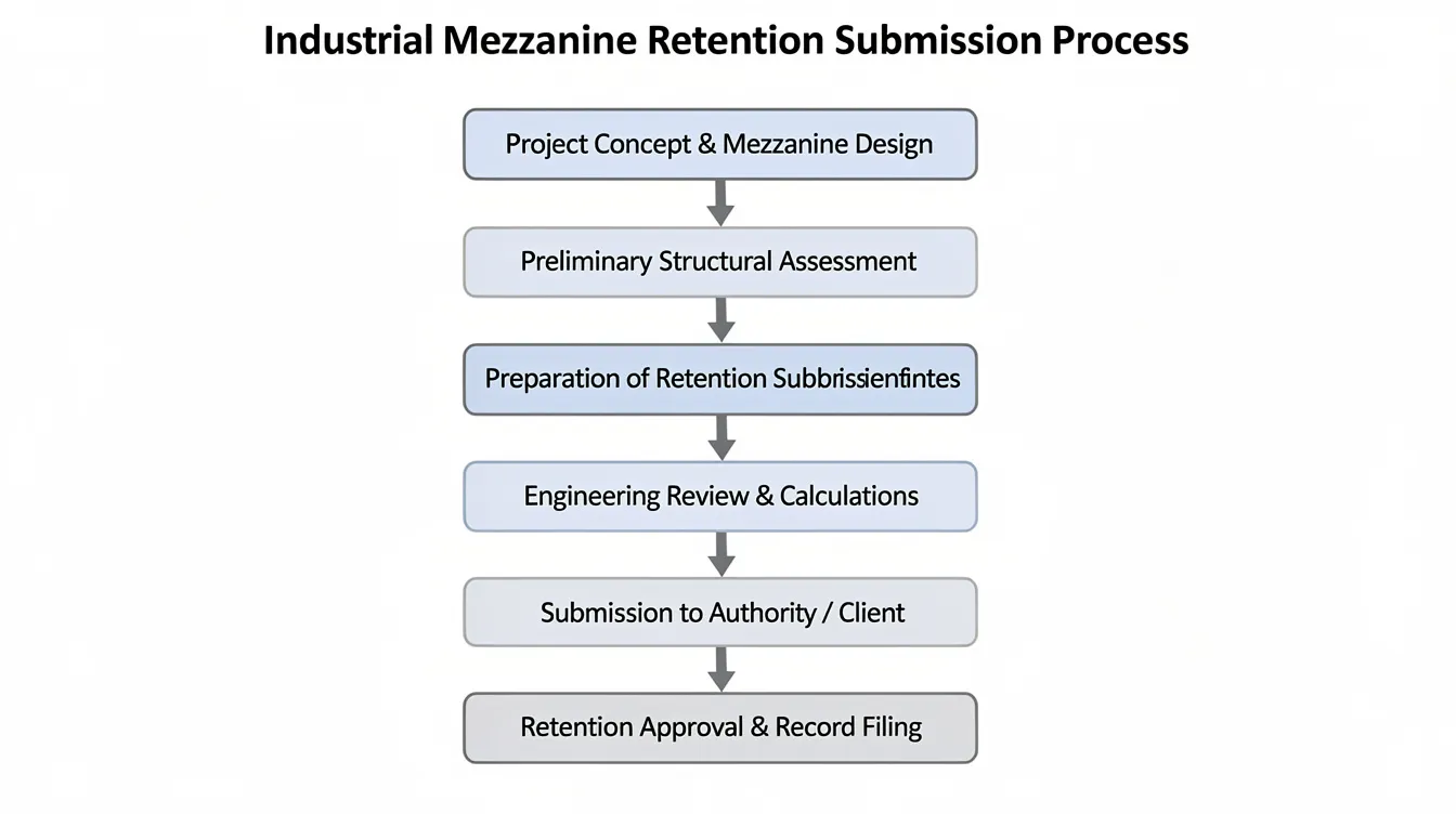 The image is a simplified flowchart illustrating the stages of a retention submission process for an industrial mezzanine, featuring a clear roadmap that guides users from the beginning to the end of the process. Each step reflects valuable tips and timelines, making the complex submission experience easier to understand and share with the public.