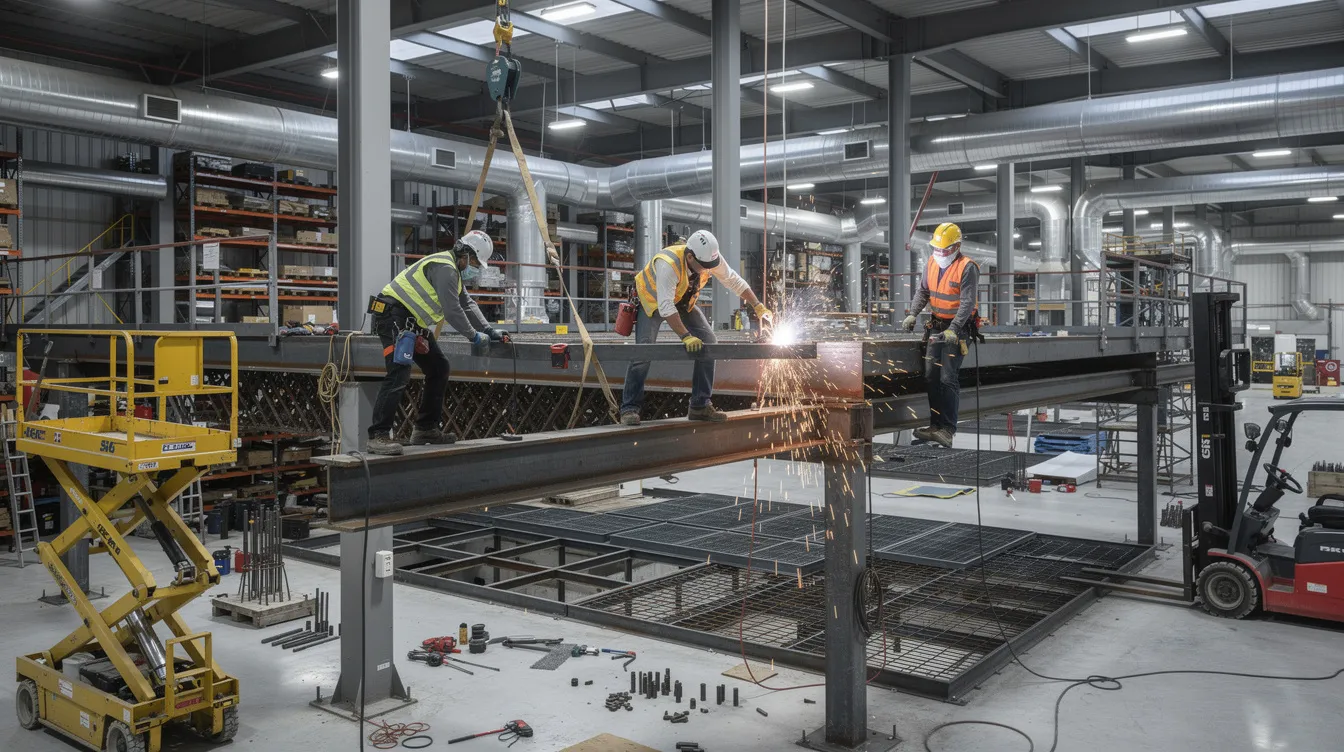 The image shows workers at the beginning of the process, installing steel reinforcement beams to create a sturdy foundation for an industrial mezzanine platform. Their teamwork reflects a valuable roadmap, aiming for clear results as they navigate the complexity of the installation.