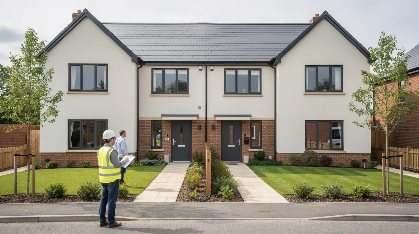 The image depicts a completed semi-detached house exterior, showcasing well-maintained landscaping during the final inspection phase. The scene emphasizes the importance of compliance with building control regulations and the role of the site supervisor in ensuring project milestones are met.