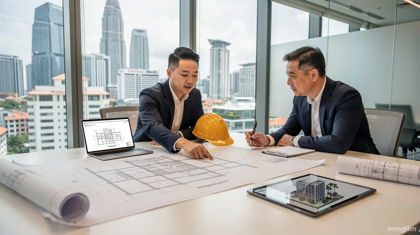 An engineering consultant is reviewing structural plans with a client in a modern commercial office in Singapore, discussing renovation costs and compliance issues related to their business. The setting reflects a professional environment, emphasizing the importance of effective planning and budgeting for projects.
