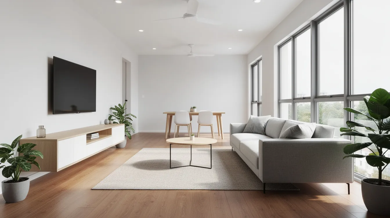 The image depicts a bright and modern open-plan HDB living room featuring timber flooring and white walls, showcasing a spacious and inviting atmosphere ideal for space efficiency and multifunctional furniture. This design aligns with HDB renovation guidelines, emphasizing clean lines and a contemporary aesthetic.