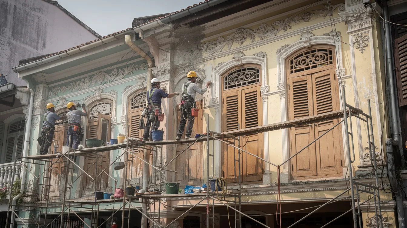 The image depicts workers meticulously restoring the decorative masonry on the upper facade of a conserved shophouse, showcasing the importance of maintaining structural integrity in older buildings. This restoration aligns with the statutory requirements set by Singapore's Building Control Act, ensuring compliance and public safety.