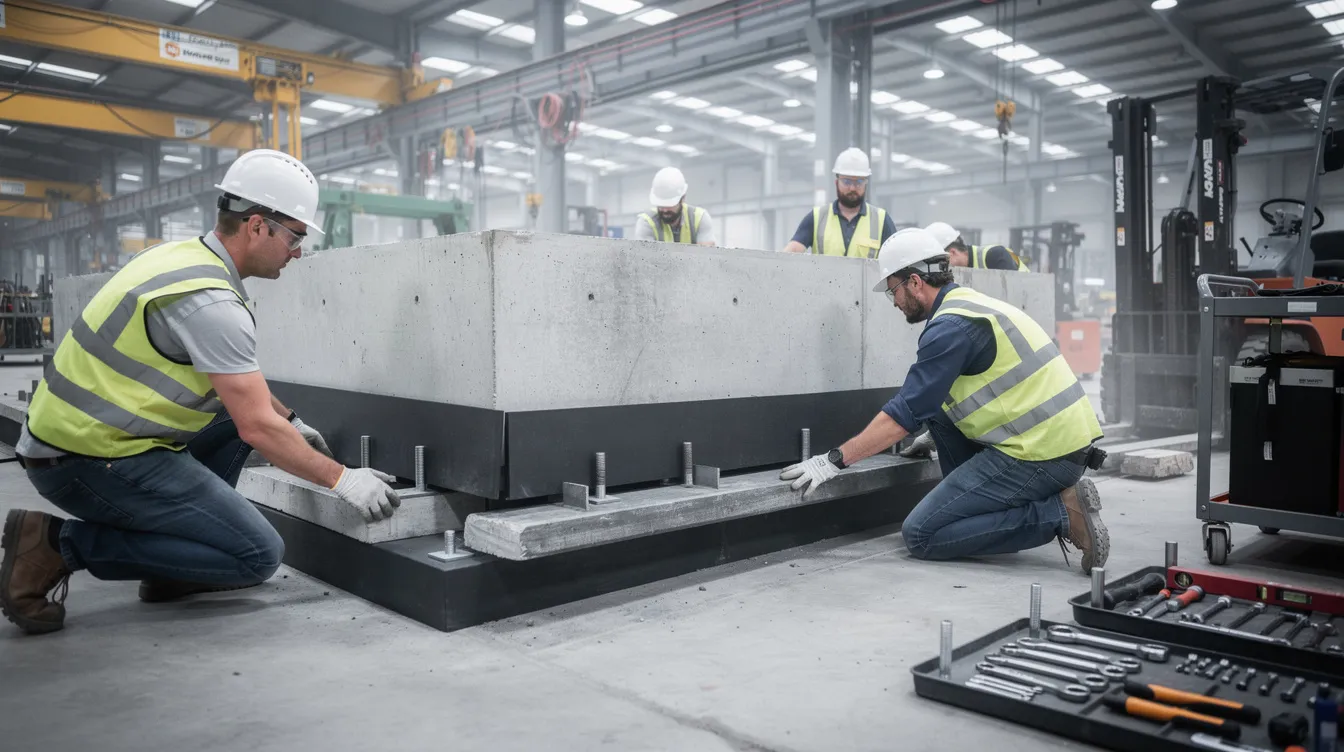 A team of workers is carefully installing vibration isolation pads beneath a machine foundation in a factory, ensuring proper compaction and drainage for the ground layers. This project highlights the importance of engineering techniques and safety measures in building stable foundations.