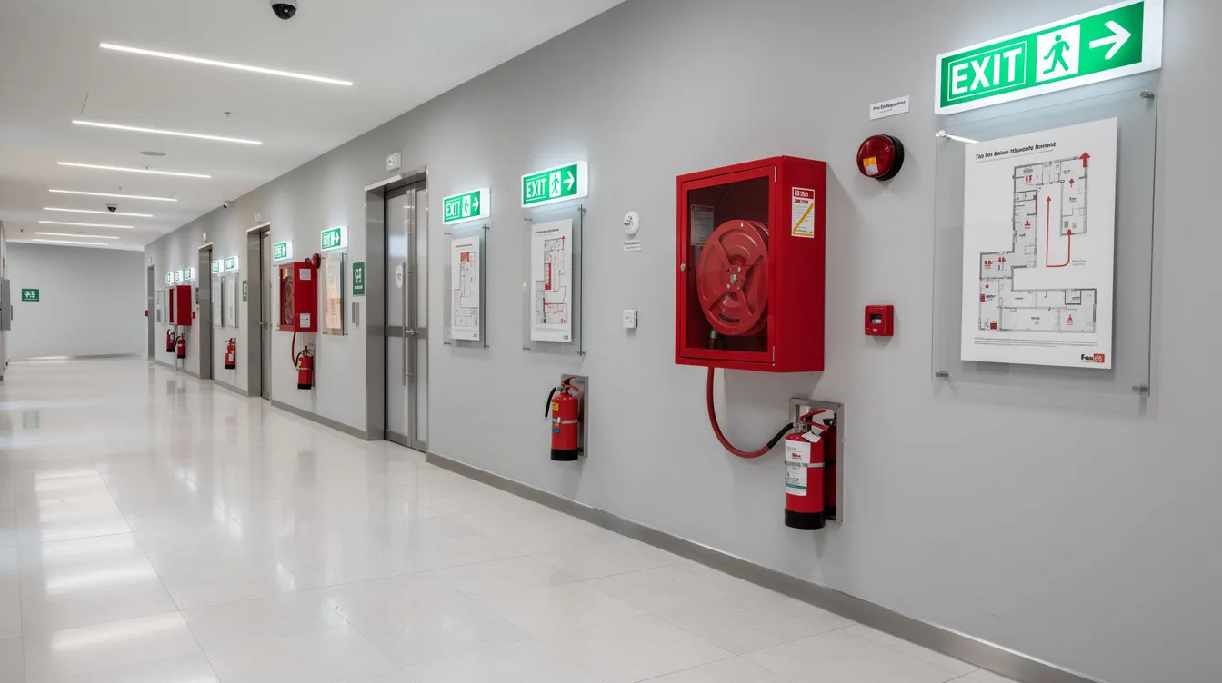 The image depicts a commercial building corridor featuring updated emergency exit signage alongside various fire safety equipment, highlighting the importance of safety in renovation projects. This corridor reflects a well-planned renovation process, ensuring compliance with safety regulations and enhancing the overall functionality of the space.