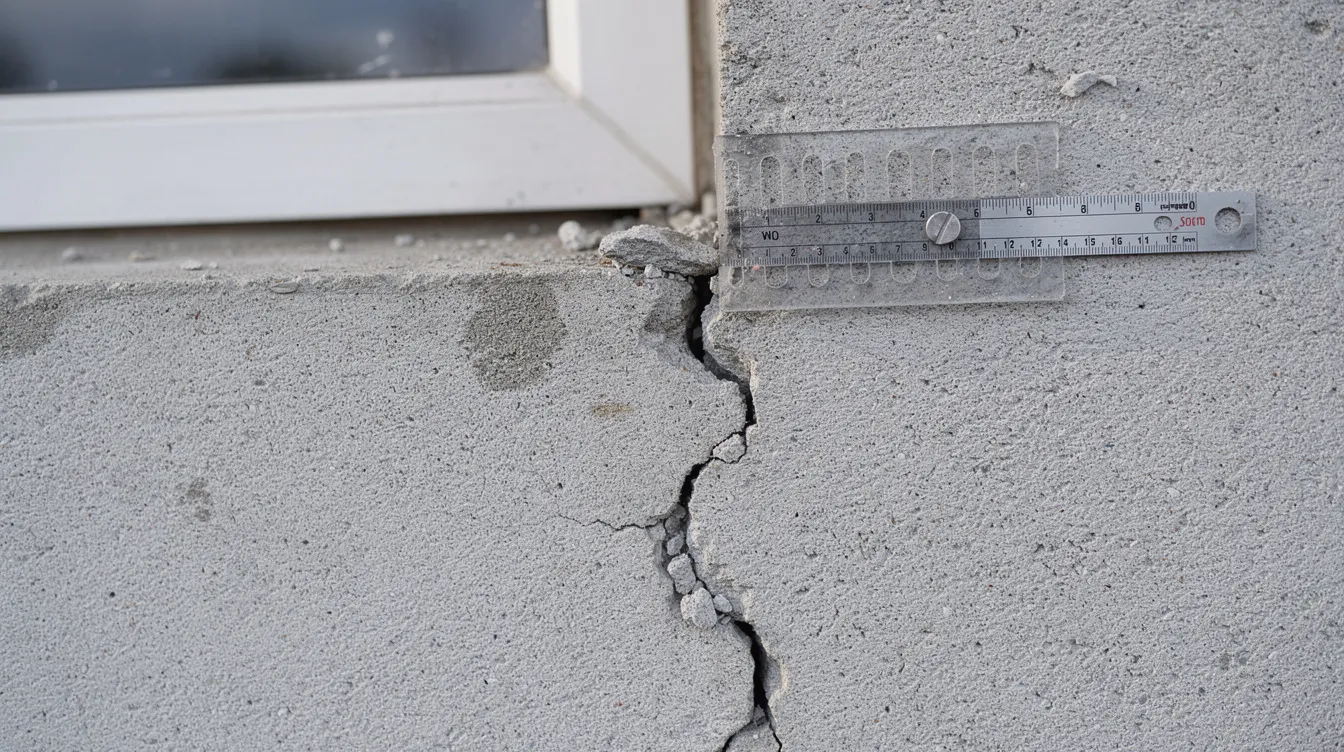 The image shows a close-up of a diagonal crack running from the corner of a window down a concrete wall, with a measuring gauge placed alongside it. This visual inspection highlights potential structural defects that could pose safety risks for property owners, emphasizing the importance of periodic structural inspections as mandated by Singapore's building control regulations.