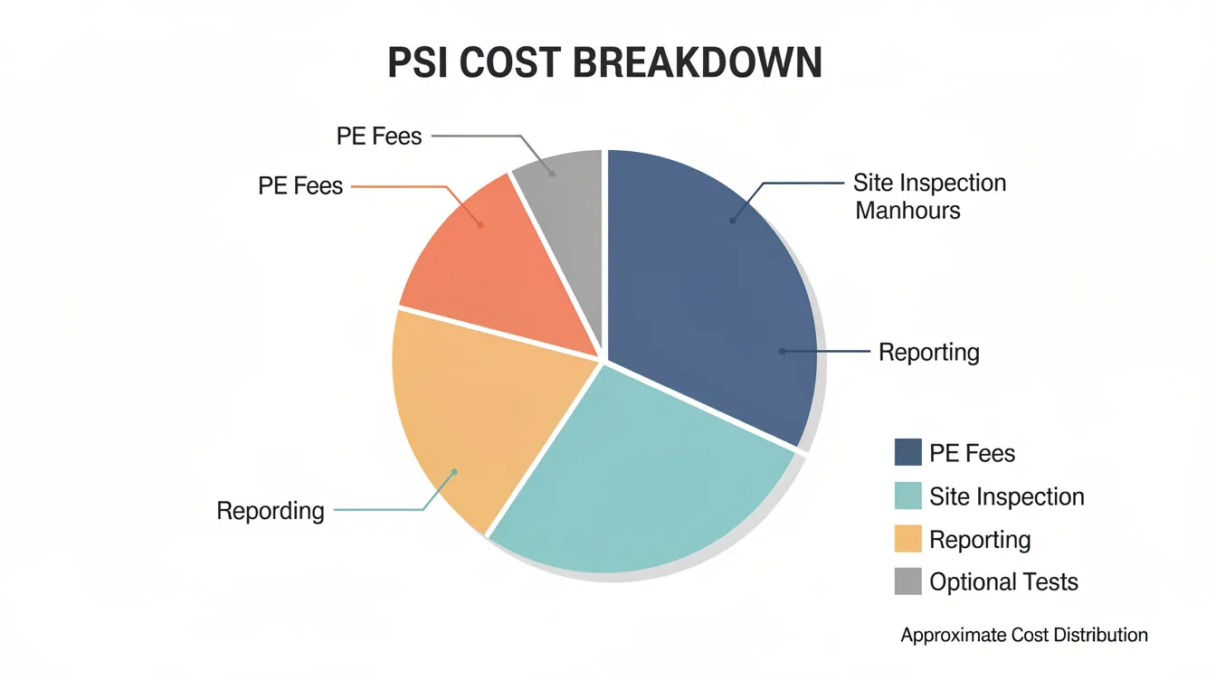 The image features a pie chart illustrating the approximate breakdown of PSI costs, with distinct segments for PE fees, site inspection manhours, reporting, and optional tests. This visual aids buyers in understanding the price components associated with condominium development in Singapore, highlighting the market trends over the years.