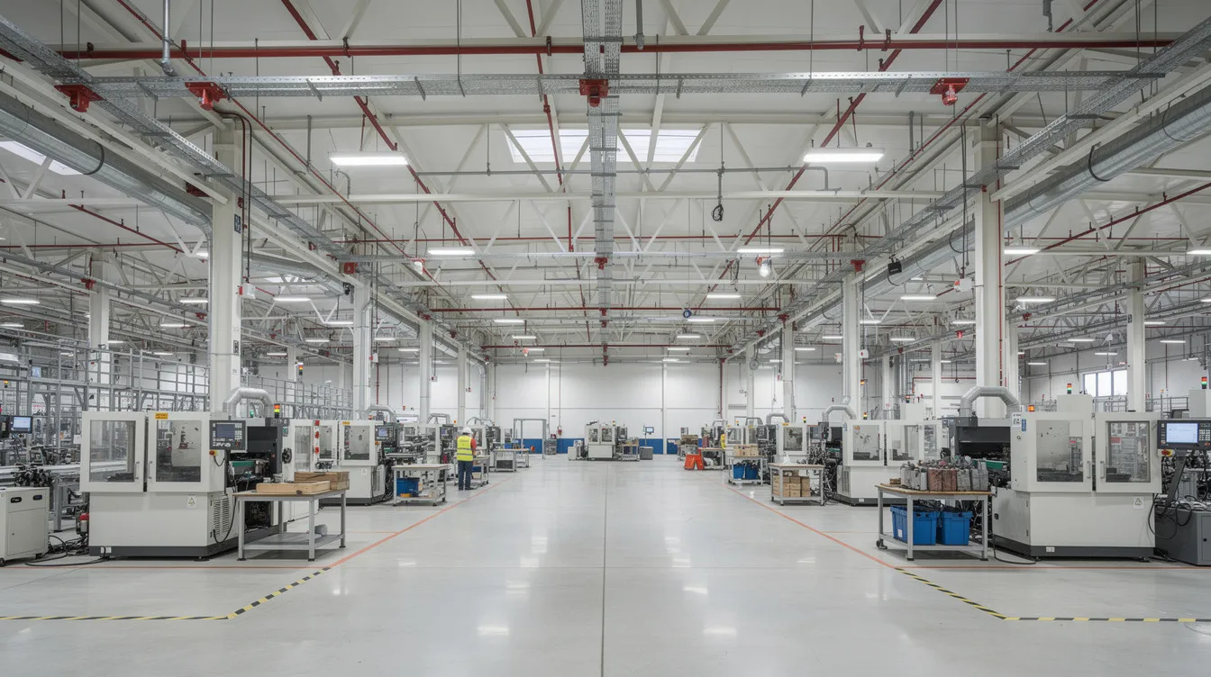 The image depicts the interior of a factory featuring an open production floor with visible ceiling-mounted sprinklers, highlighting essential fire safety systems. The layout emphasizes workplace safety with proper fire protection provisions, including fire alarm devices and emergency lighting for effective fire safety plans.