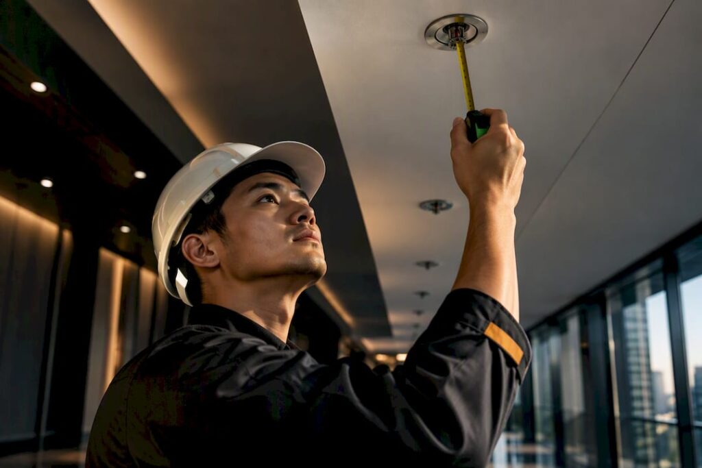 Technician checking commercial sprinkler spacing