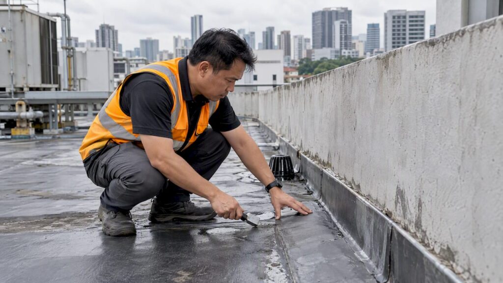 Engineer inspecting Singapore roof waterproofing membrane