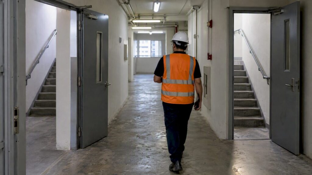 Singapore building corridor leading to escape stairs