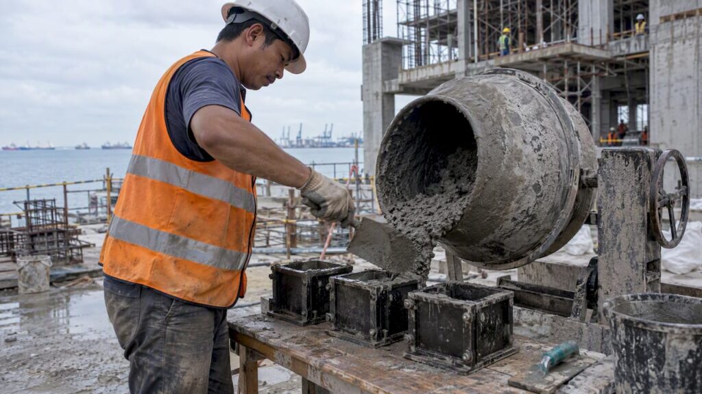 Technician preparing concrete durability test specimens