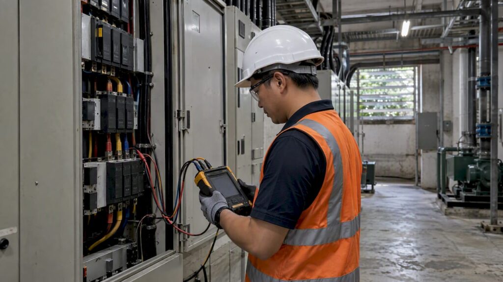 Engineer monitoring building power quality at switchboard