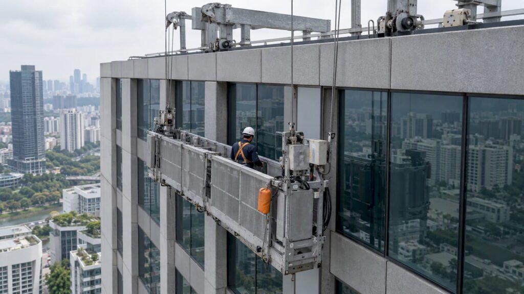 Suspended cradle beside Singapore office tower facade