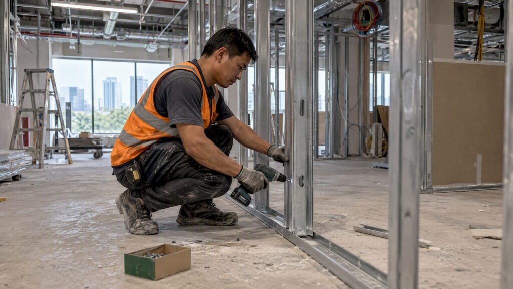 Installer framing a partition in an office fit-out