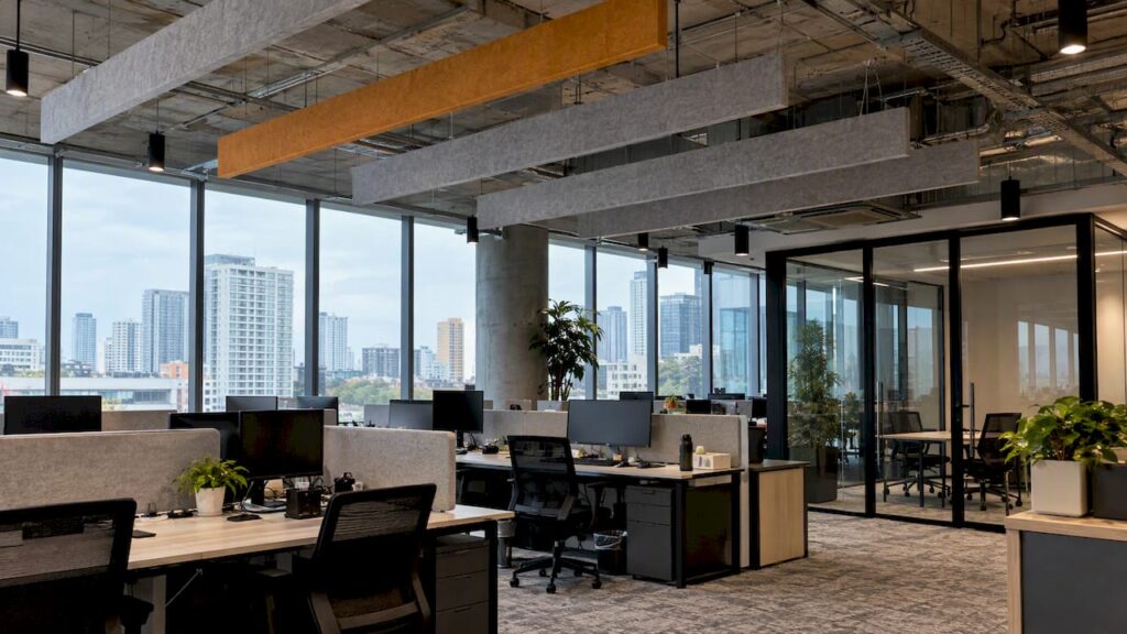 Acoustic baffles beneath an exposed office ceiling
